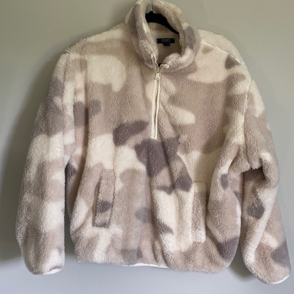 Chaps Womens Fleece Pullover Pastel Camo 1/4 Zip Pockets Mock Neck Size S